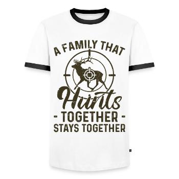 Buck Deer Hunting Hunter Family A - Men's Ringer Shirt - white/black - Front - AI Model Female 172 light (172cm) & AI Model Male 178 dark (178cm)