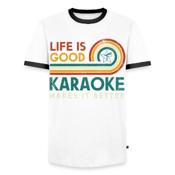Life is good Karaoke makes it better Karaoke - Men's Ringer Shirt - white/black - Front - AI Model Female 172 light (172cm) & AI Model Male 178 dark (178cm)