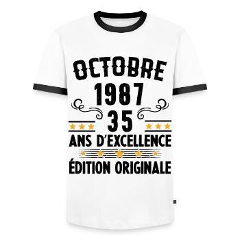 35 Ans Anniversaire Vintage Né(e) en Octobre 1987 - T-shirt contrasté Homme - blanc/noir - Devant - AI Model Female 172 light (172cm) & AI Model Male 178 dark (178cm)