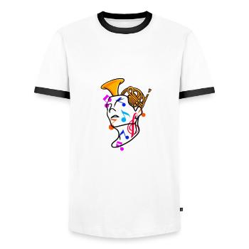 Français d’instruments de musique de cor - T-shirt contrasté Homme - blanc/noir - Devant - AI Model Female 172 light (172cm) & AI Model Male 178 dark (178cm)