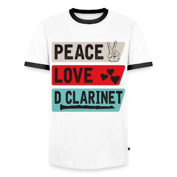 Peace Love D Clarinet Musical Instrument - Men's Ringer Shirt - white/black - Front - AI Model Female 172 light (172cm) & AI Model Male 178 dark (178cm)
