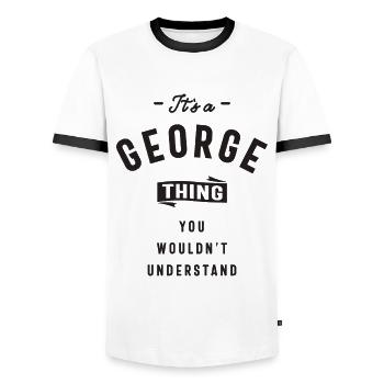 It's a George Thing Personalized Name - Men's Ringer Shirt - white/black - Front - AI Model Female 172 light (172cm) & AI Model Male 178 dark (178cm)