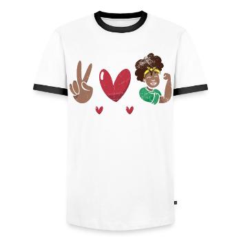 Friedensliebes-melanin Für Stolz-afroamerikaner - Männer Kontrast-T-Shirt - Weiß/Schwarz - Vorne - AI Model Female 172 light (172cm) & AI Model Male 178 dark (178cm)