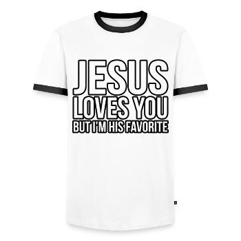 Jesus Loves You But I'm His Favorite Funny - Männer Kontrast-T-Shirt - Weiß/Schwarz - Vorne - AI Model Female 172 light (172cm) & AI Model Male 178 dark (178cm)