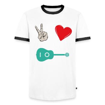 Peace Love Soprano Ukulele Instrument - Men's Ringer Shirt - white/black - Front - AI Model Female 172 light (172cm) & AI Model Male 178 dark (178cm)