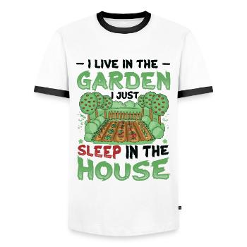 I Live In The Garden Lover, Gartenarbeit. - Männer Kontrast-T-Shirt - Weiß/Schwarz - Vorne - AI Model Female 172 light (172cm) & AI Model Male 178 dark (178cm)