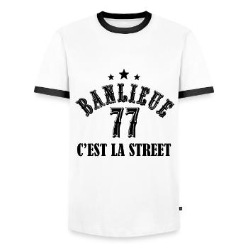 banlieue 77 c'est la street - T-shirt contrasté Homme - blanc/noir - Devant - AI Model Female 172 light (172cm) & AI Model Male 178 dark (178cm)