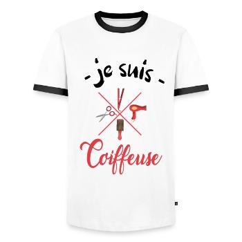 je suis coiffeuse - T-shirt contrasté Homme - blanc/noir - Devant - AI Model Female 172 light (172cm) & AI Model Male 178 dark (178cm)