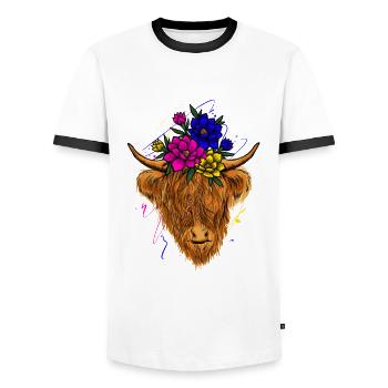Scottish Highland Cow Cattle Cow Whisperer Farming - Männer Kontrast-T-Shirt - Weiß/Schwarz - Vorne - AI Model Female 172 light (172cm) & AI Model Male 178 dark (178cm)