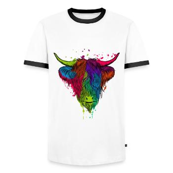 Scottish Highland Cow Cattle Cow Whisperer Farming - Men's Ringer Shirt - white/black - Front - AI Model Female 172 light (172cm) & AI Model Male 178 dark (178cm)
