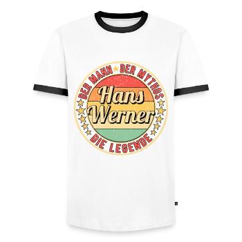Hans-Werner Der Mann Der Mythos Die Legende - Männer Kontrast-T-Shirt - Weiß/Schwarz - Vorne - AI Model Female 172 light (172cm) & AI Model Male 178 dark (178cm)