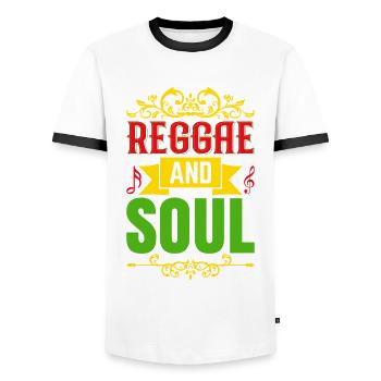 Reggae and Soul Reggae Style Design for - Men's Ringer Shirt - white/black - Front - AI Model Female 172 light (172cm) & AI Model Male 178 dark (178cm)