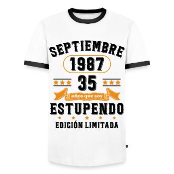35 Ans Anniversaire Vintage Né(e) Septembre 1987 - T-shirt contrasté Homme - blanc/noir - Devant - AI Model Female 172 light (172cm) & AI Model Male 178 dark (178cm)