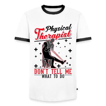 Physiotherapist Gift Physiotherapy Physio - Men's Ringer Shirt - white/black - Front - AI Model Female 172 light (172cm) & AI Model Male 178 dark (178cm)