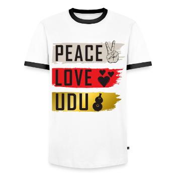 Peace Love Udu Instrument Udu Drum - Men's Ringer Shirt - white/black - Front - AI Model Female 172 light (172cm) & AI Model Male 178 dark (178cm)