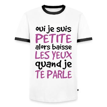 Oui Je Suis Petite Alors Baisse Les Yeux - T-shirt contrasté Homme - blanc/noir - Devant - AI Model Female 172 light (172cm) & AI Model Male 178 dark (178cm)