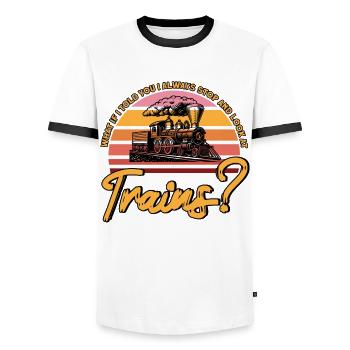 Modellbahn Zug Lokomotiven Geschenk - Männer Kontrast-T-Shirt - Weiß/Schwarz - Vorne - AI Model Female 172 light (172cm) & AI Model Male 178 dark (178cm)