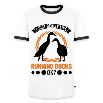 I just really like Running Ducks, ok Laufente - Men's Ringer Shirt - white/black - Front - AI Model Female 172 light (172cm) & AI Model Male 178 dark (178cm)