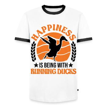Happiness is being with Running Ducks Laufente - Men's Ringer Shirt - white/black - Front - AI Model Female 172 light (172cm) & AI Model Male 178 dark (178cm)