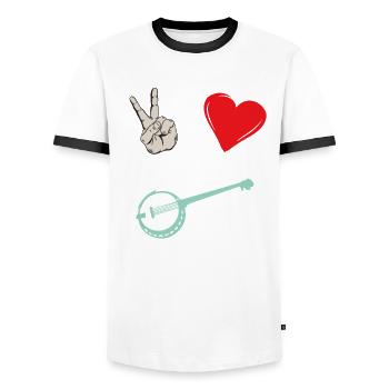 Peace Love Six-Stringed Banjo Instrument - Männer Kontrast-T-Shirt - Weiß/Schwarz - Vorne - AI Model Female 172 light (172cm) & AI Model Male 178 dark (178cm)