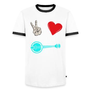 Peace Love Zither Banjo Music Instrument - Men's Ringer Shirt - white/black - Front - AI Model Female 172 light (172cm) & AI Model Male 178 dark (178cm)