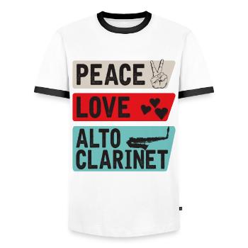 Peace Love Alto Clarinet Instrument - Men's Ringer Shirt - white/black - Front - AI Model Female 172 light (172cm) & AI Model Male 178 dark (178cm)