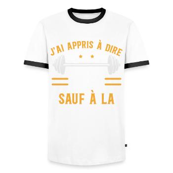 Musculation Sport. Citation Sportif Drôle Original - T-shirt contrasté Homme - blanc/noir - Devant - AI Model Female 172 light (172cm) & AI Model Male 178 dark (178cm)
