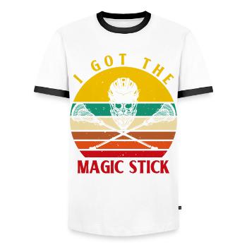 I got the Magic Stick Lacrosse - Männer Kontrast-T-Shirt - Weiß/Schwarz - Vorne - AI Model Female 172 light (172cm) & AI Model Male 178 dark (178cm)