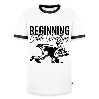 Beginning Catch Wrestling Fight Grappling Wrestler - Men's Ringer Shirt - white/black - Front - AI Model Female 172 light (172cm) & AI Model Male 178 dark (178cm)