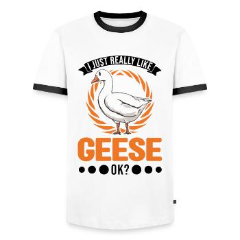 I just really like Geese Gänsezüchter Gänse - Männer Kontrast-T-Shirt - Weiß/Schwarz - Vorne - AI Model Female 172 light (172cm) & AI Model Male 178 dark (178cm)