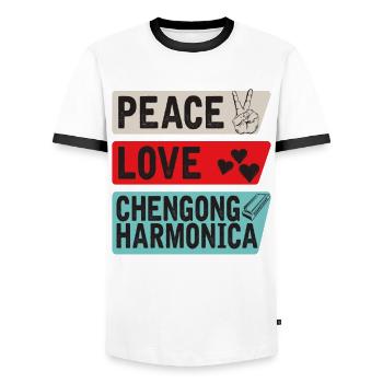 Peace Love Checngong Harmonica Music - Men's Ringer Shirt - white/black - Front - AI Model Female 172 light (172cm) & AI Model Male 178 dark (178cm)