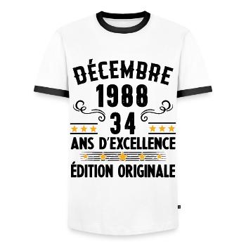 34 Ans Anniversaire Vintage Né(e) en Décembre 1988 - T-shirt contrasté Homme - blanc/noir - Devant - AI Model Female 172 light (172cm) & AI Model Male 178 dark (178cm)