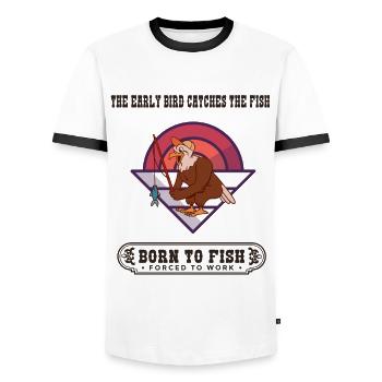 The early bird catches the fish - Men's Ringer Shirt - white/black - Front - AI Model Female 172 light (172cm) & AI Model Male 178 dark (178cm)