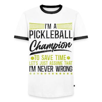 Pickleball Je suis un Pickleball - T-shirt contrasté Homme - blanc/noir - Devant - AI Model Female 172 light (172cm) & AI Model Male 178 dark (178cm)