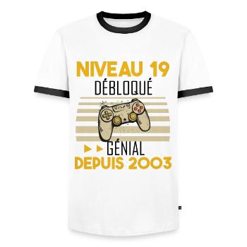 niveau 19 débloqué génial depuis 2003 - T-shirt contrasté Homme - blanc/noir - Devant - AI Model Female 172 light (172cm) & AI Model Male 178 dark (178cm)