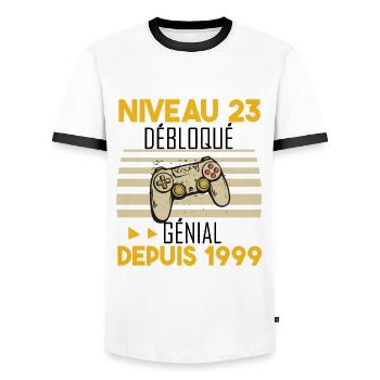 Niveau 23 An Débloqué génial depuis 1999. - T-shirt contrasté Homme - blanc/noir - Devant - AI Model Female 172 light (172cm) & AI Model Male 178 dark (178cm)
