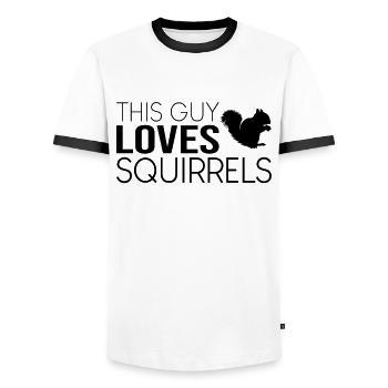 This guy loves squirrels - Men's Ringer Shirt - white/black - Front - AI Model Female 172 light (172cm) & AI Model Male 178 dark (178cm)