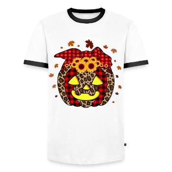 Pumpkin Pumpkin Lantern Leopard Checkered Halloween - Men's Ringer Shirt - white/black - Front - AI Model Female 172 light (172cm) & AI Model Male 178 dark (178cm)