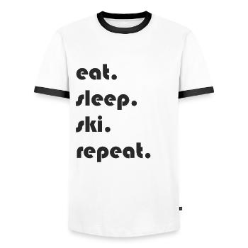 Ski - eat. Sleep. ski. repeat. - Men's Ringer Shirt - white/black - Front - AI Model Female 172 light (172cm) & AI Model Male 178 dark (178cm)