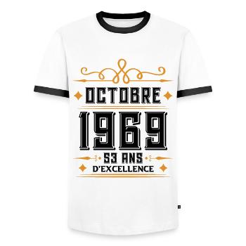 Octobre 1969 53 Ans d'excellence - T-shirt contrasté Homme - blanc/noir - Devant - AI Model Female 172 light (172cm) & AI Model Male 178 dark (178cm)