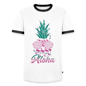 Aloha, Ananas, Et, Flamant rose, Design, Pour, Plage - T-shirt contrasté Homme - blanc/noir - Devant - AI Model Female 172 light (172cm) & AI Model Male 178 dark (178cm)