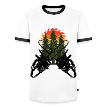 Chainsaw Axe Forester Lumberjack Saw Chain - Men's Ringer Shirt - white/black - Front - AI Model Female 172 light (172cm) & AI Model Male 178 dark (178cm)