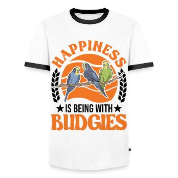 Budgie Luck Welli Parakeet Cockatiel - Men's Ringer Shirt - white/black - Front - AI Model Female 172 light (172cm) & AI Model Male 178 dark (178cm)