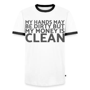 My hand may be dirty, but my money is - Men's Ringer Shirt - white/black - Front - AI Model Female 172 light (172cm) & AI Model Male 178 dark (178cm)