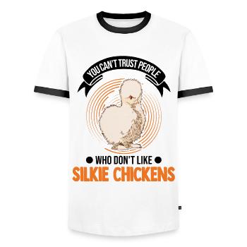 Silk Chicken Gift Silkie Chicken - Men's Ringer Shirt - white/black - Front - AI Model Female 172 light (172cm) & AI Model Male 178 dark (178cm)