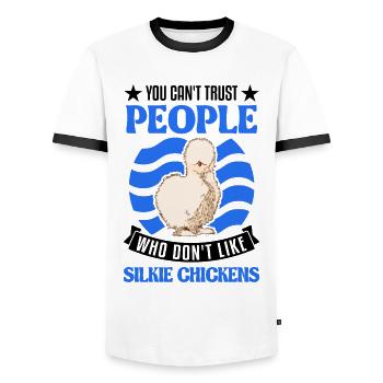 Silk Chicken Gift Silkie Chicken - Men's Ringer Shirt - white/black - Front - AI Model Female 172 light (172cm) & AI Model Male 178 dark (178cm)