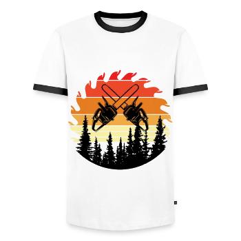 Chainsaw Axe Forester Lumberjack Saw Chain - Men's Ringer Shirt - white/black - Front - AI Model Female 172 light (172cm) & AI Model Male 178 dark (178cm)