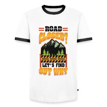 Road closed? Let's find out. - Men's Ringer Shirt - white/black - Front - AI Model Female 172 light (172cm) & AI Model Male 178 dark (178cm)