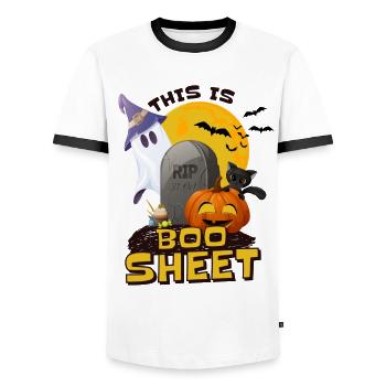 Halloween C’est le cimetière fantôme de Boo Sheet - T-shirt contrasté Homme - blanc/noir - Devant - AI Model Female 172 light (172cm) & AI Model Male 178 dark (178cm)