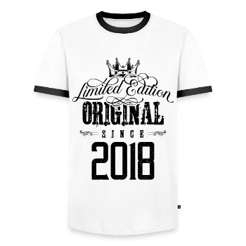 2018 limited edition - Men's Ringer Shirt - white/black - Front - AI Model Female 172 light (172cm) & AI Model Male 178 dark (178cm)